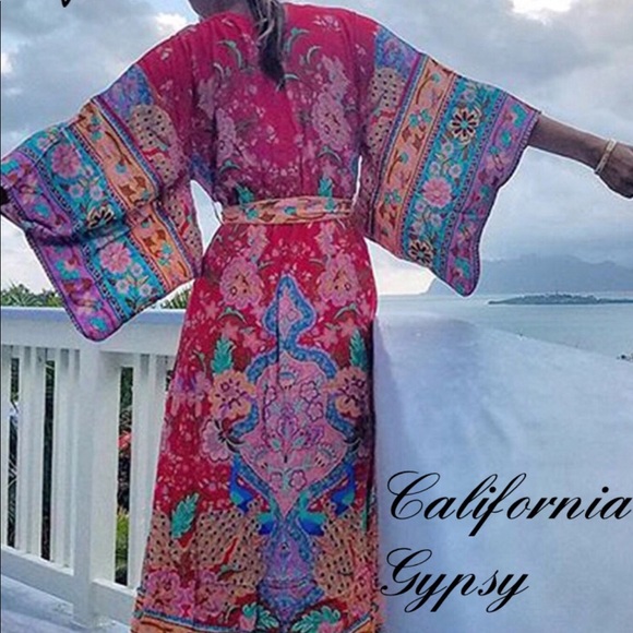 Lotus Gypsy Peacock Kimono Maxi Dress - Picture 3 of 10